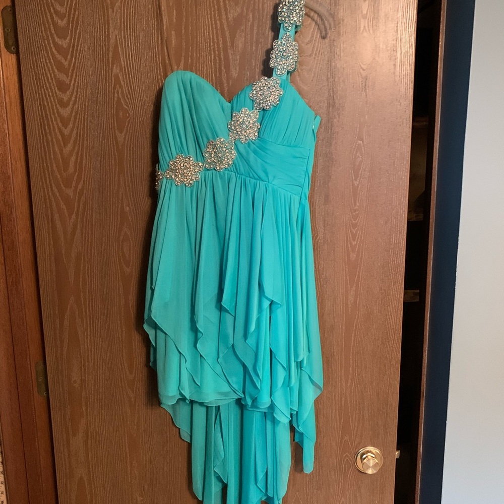 Teal High-Low Ruffle Dress